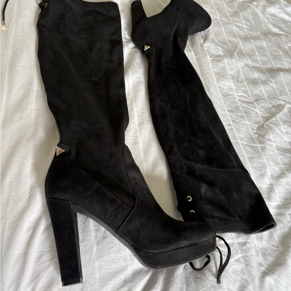 GUESS Black Suede Over-the-Knee Block Heel Boots